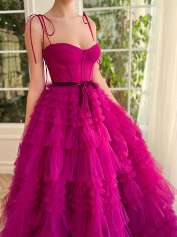 A Line Strapless Fuchsia Tiered Long Tulle Prom Dress