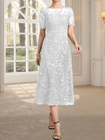 A-line Scoop Illusion Tea-Length Lace Mother of the Bride Dress With Sequins