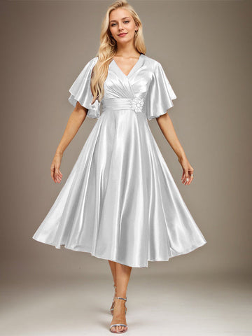 A-line V-Neck Tea-Length Stretch Satin Mother of the Bride Dress With Beading Pleated