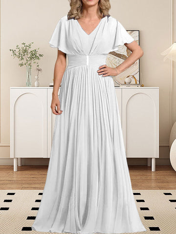 A-line V-Neck Floor-Length Chiffon Mother of the Bride Dress With Crystal Brooch Pleated