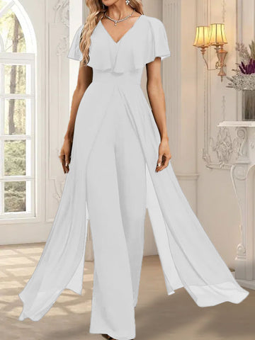 Jumpsuit/Pantsuit V-Neck Floor-Length Chiffon Evening Dress