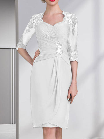 Sheath/Column Sweetheart Knee-Length Chiffon Mother of the Bride Dress With Beading Appliques Lace Sequins Pleated