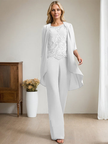 Separates Jumpsuit/Pantsuit Scoop Floor-Length Chiffon Lace Mother of the Bride Dress With Beading Sequins