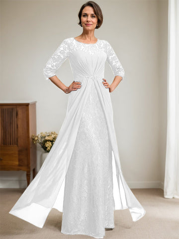 A-Line Scoop Illusion Floor-Length Lace Chiffon Mother Of the Bride Dress With Beading Ruffles