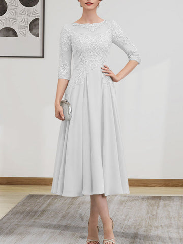 A-line Scoop Illusion Tea-Length Chiffon Lace Mother of the Bride Dress With Beading Sequins
