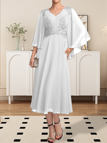 A-line V-Neck Tea-Length Chiffon Lace Mother of the Bride Dress With Beading Sequins