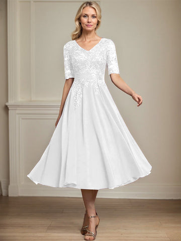 A-line V-Neck Tea-Length Lace Chiffon Mother of the Bride Dress With Sequins