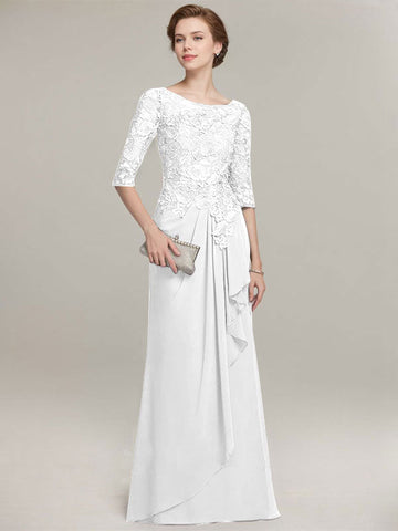 A-line Scoop Illusion Floor-Length Lace Chiffon Mother of the Bride Dress With Cascading Ruffles