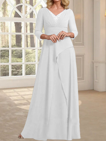 A-line V-Neck Floor-Length Chiffon Mother of the Bride Dress With Pleated Beading