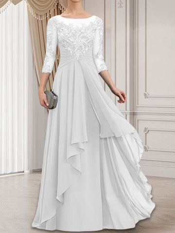 A-line Scoop Illusion Floor-Length Lace Chiffon Mother of the Bride Dress With Cascading Ruffles