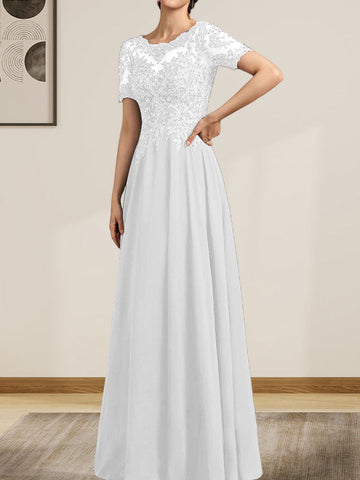 A-line Scoop Illusion Floor-Length Chiffon Lace Mother of the Bride Dress With Sequins Beading