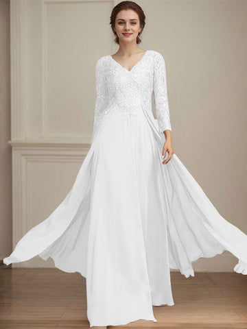A-line V-Neck Floor-Length Lace Chiffon Mother of the Bride Dress With Sequins
