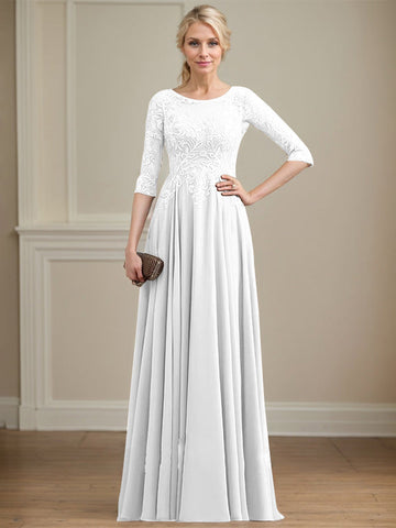 A-line Scoop Illusion Floor-Length Lace Chiffon Mother of the Bride Dress With Sequins