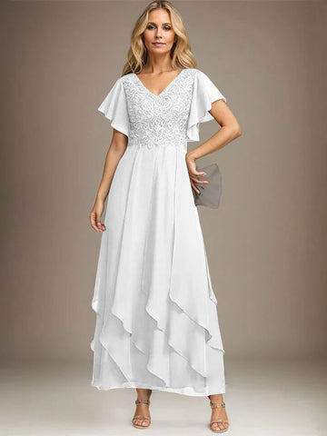 A-line V-Neck Ankle-Length Lace Chiffon Mother of the Bride Dress With Cascading Ruffles