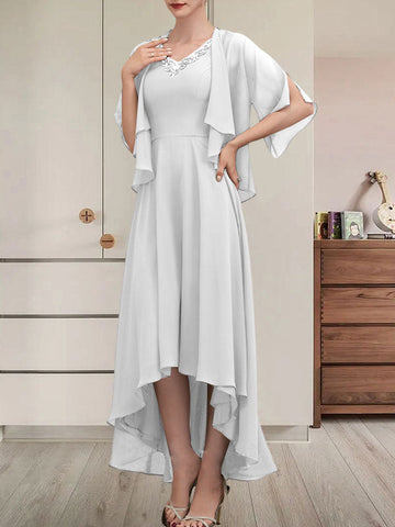 A-line V-Neck Asymmetrical Chiffon Mother of the Bride Dress With Beading Sequins