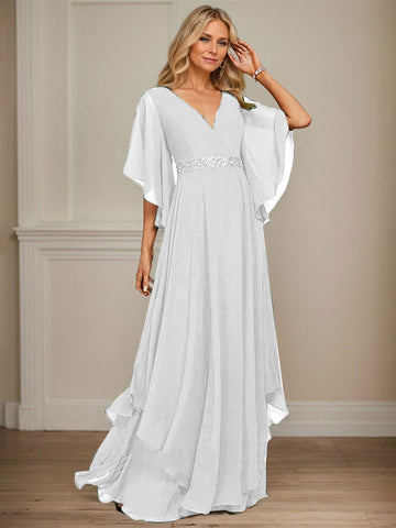 A-line V-Neck Floor-Length Chiffon Mother of the Bride Dress With Sequins Appliques Lace Beading