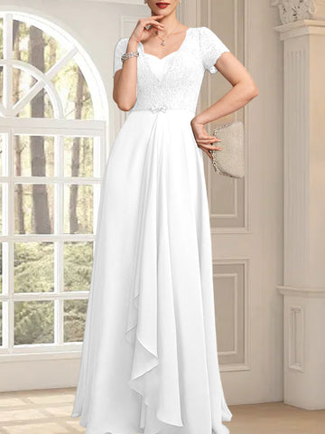 A-line Sweetheart Floor-Length Chiffon Lace Mother of the Bride Dress With Beading Cascading Ruffles