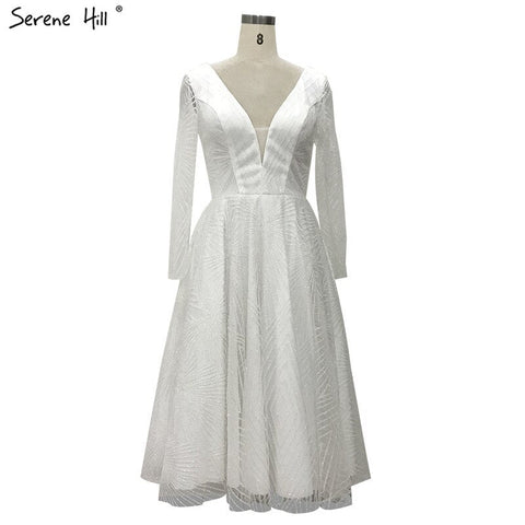 On Sale no return no refundSale White Brown Deep-V Long Sleeves Sexy Cocktail Dresses Glitter A-Line Tea-Length Cocktail Dress 2025 LA70267