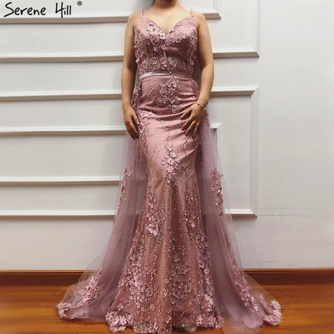 White Handmade Flower Pearl Sexy Evening Dresses 2025 Sleeveless Mermaid Luxury Lace Formal Dress Real Photo LA60711