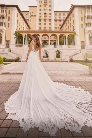 White Long A-line V-neck Chiffon Lace Backless Wedding Dresses with Slit