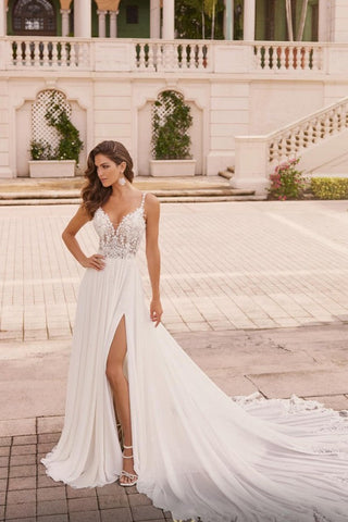 White Long A-line V-neck Chiffon Lace Backless Wedding Dresses with Slit