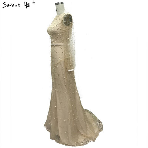 Vestido de noche estilo sirena con perlas blancas y manga larga, diseño Dubái 2025, cuello redondo, sexy, de tul, LA60995 