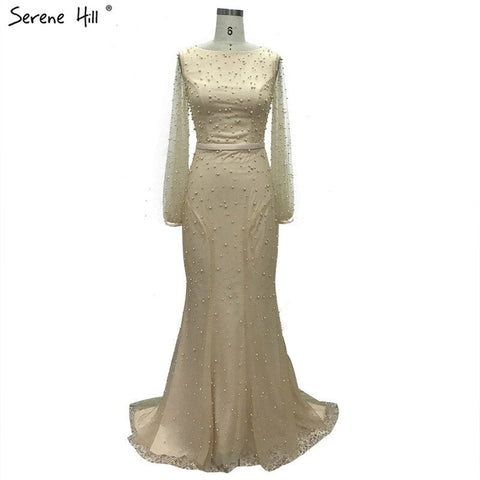 Vestido de noche estilo sirena con perlas blancas y manga larga, diseño Dubái 2025, cuello redondo, sexy, de tul, LA60995 