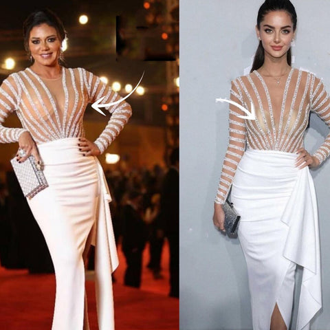 White Long Sleeves Mermaid Split Evening Dresses Design 2025 Beaded Luxury Elegant For Women Party LA71531