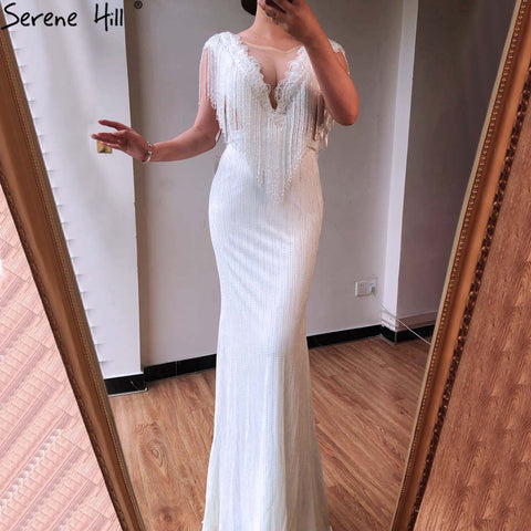 White Luxury Beaded Tassel Elegant Evening Dresses 2025 Cap Sleeve Mermaid For Women Wedding Party LA70571