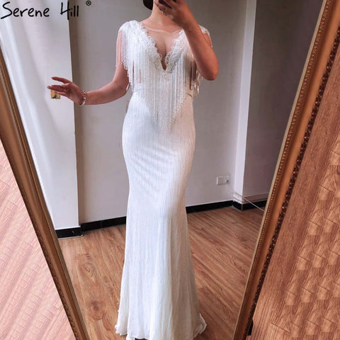 White Luxury Beaded Tassel Elegant Evening Dresses 2025 Cap Sleeve Mermaid For Women Wedding Party LA70571