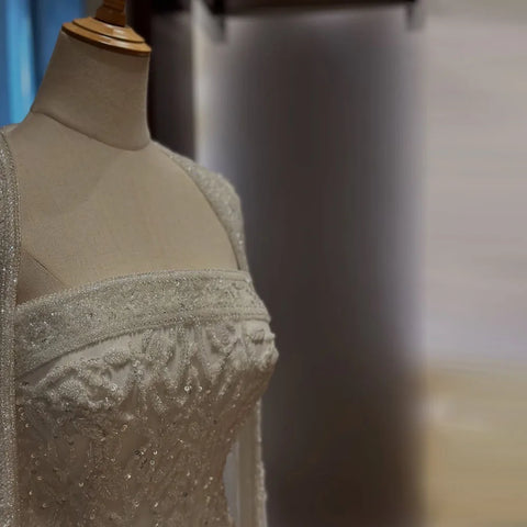 White Mermaid Long Cape Dubai Arabia Beading Luxury Evening Dresses Gowns For Formal Occasion 2025 LA72870