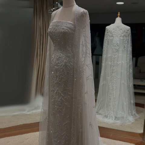 White Mermaid Long Cape Dubai Arabia Beading Luxury Evening Dresses Gowns For Formal Occasion 2025 LA72870