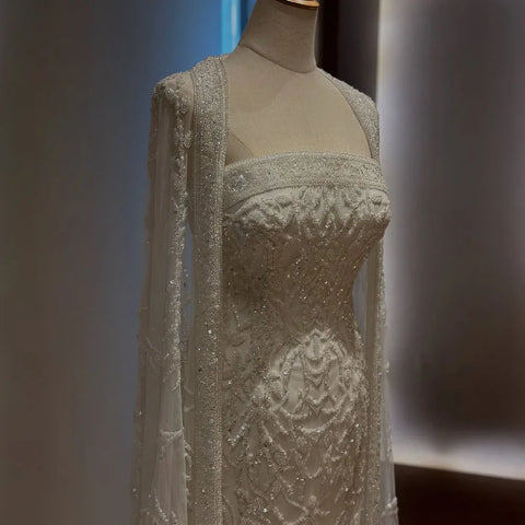 White Mermaid Long Cape Dubai Arabia Beading Luxury Evening Dresses Gowns For Formal Occasion 2025 LA72870