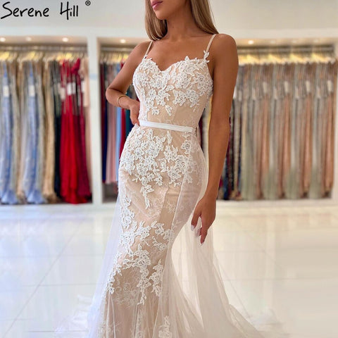 White Nude Spaghetti Strap Evening Dressese Gowns 2025 Mermaid Elegnat Lace For Women Party LA60731A