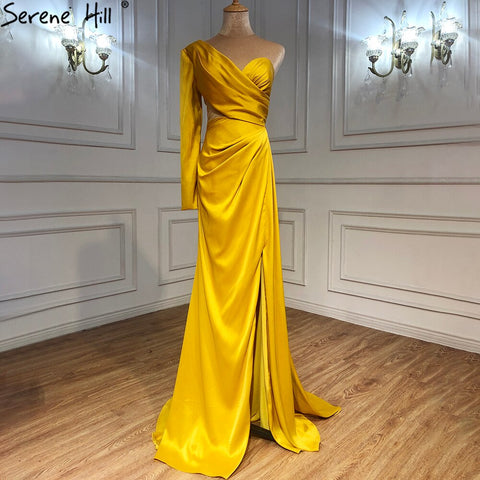 White One Shoulder Long Sleeves Evening Dress 2025 Satin Mermaid Simple Sexy Formal Dress LA70327