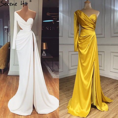 White One Shoulder Long Sleeves Evening Dress 2025 Satin Mermaid Simple Sexy Formal Dress LA70327