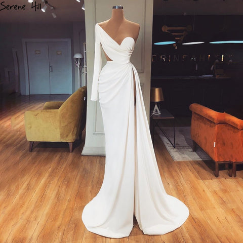White One Shoulder Long Sleeves Evening Dress 2025 Satin Mermaid Simple Sexy Formal Dress LA70327
