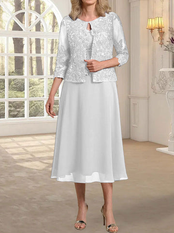 A-line Scoop Tea-Length Lace Chiffon Mother of the Bride Dress With Sequins