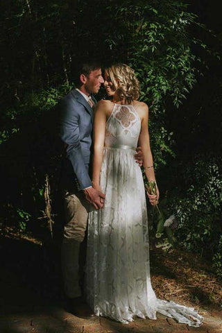 Robe de mariée blanche en dentelle, coupe trapèze, dos nu, traîne, Baoleely, MW725