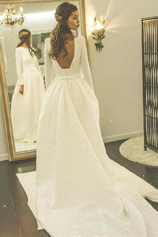 Robe de mariée blanche style robe de bal, manches longues, dos nu, avec poche, MW968