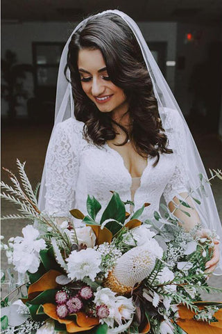 Robe de mariée sirène blanche en dentelle, manches mi-longues et col en V, MW581