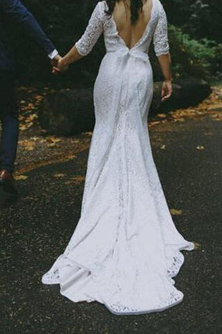 Robe de mariée sirène blanche en dentelle, manches mi-longues et col en V, MW581