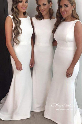 White Satin Mermaid Scoop Neck Modest Bridesmaid Dresses With Train