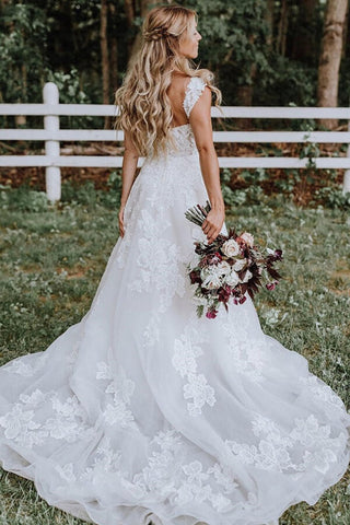 Robe de mariée Baoleely en tulle blanc avec appliques en dentelle, coupe trapèze et col en V, MW675