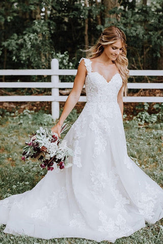 Robe de mariée Baoleely en tulle blanc avec appliques en dentelle, coupe trapèze et col en V, MW675