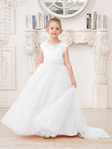 A-line Lace Tulle Sweep Train Pink Flower Girl Dress