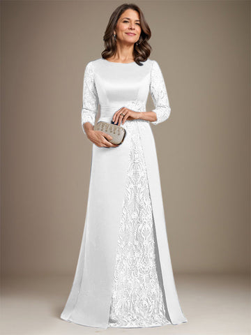 A-Line Scoop Floor-Length Lace Satin Mother Of the Bride Dress With Applique