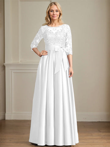 A-line Scoop Illusion Floor-Length Satin Lace Mother of the Bride Dress With Sequins Bow