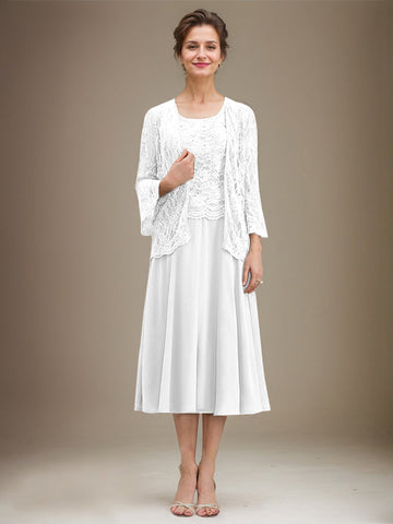 A-line Scoop Tea-Length Lace Chiffon Mother of the Bride Dress With Sequins