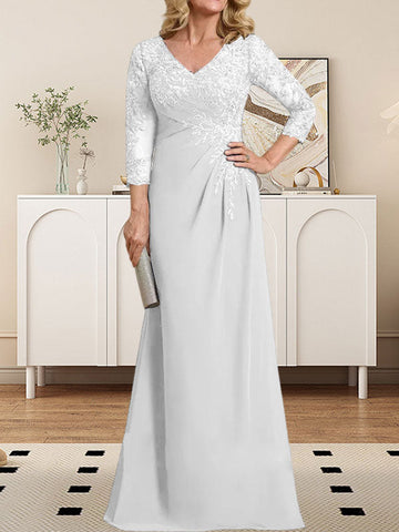 Sheath/Column V-Neck Illusion Floor-Length Lace Chiffon Mother of the Bride Dress With Pleated Sequins